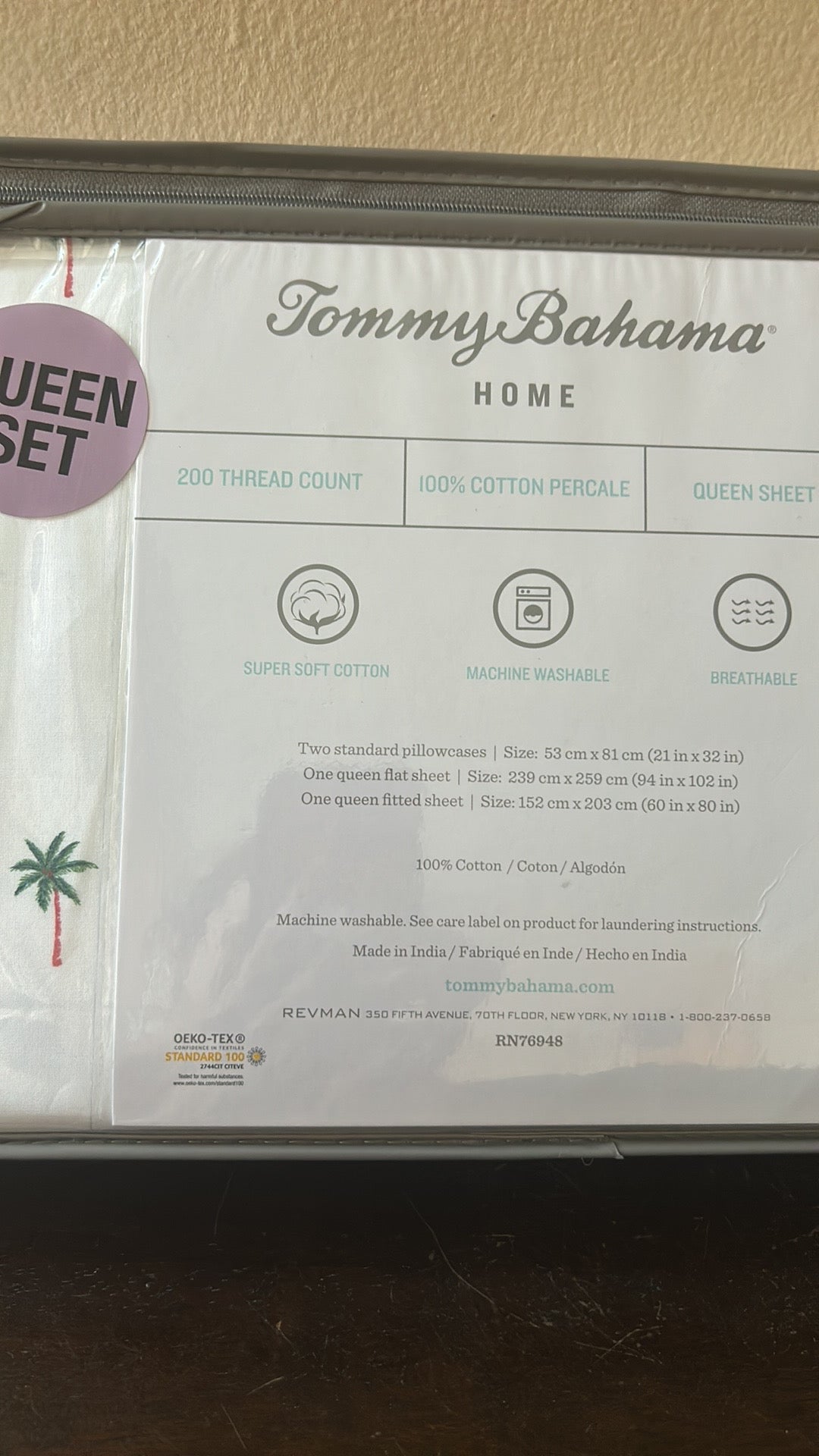 NEW 4pc Tommy Bahama Queen Sheet Set Tropical Palm Trees Cotton Percale