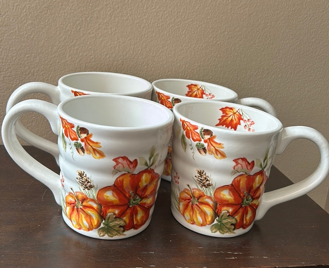 New Coffee Mug Cup New Pumpkins Fall Leaves Thanksgiving Set Of 4