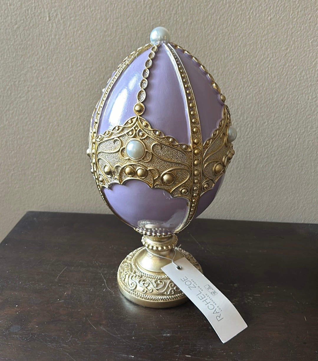Rachel Zoe EASTER EGG FIGURINE  Lavender purple pedestal embellished Pearls 11”