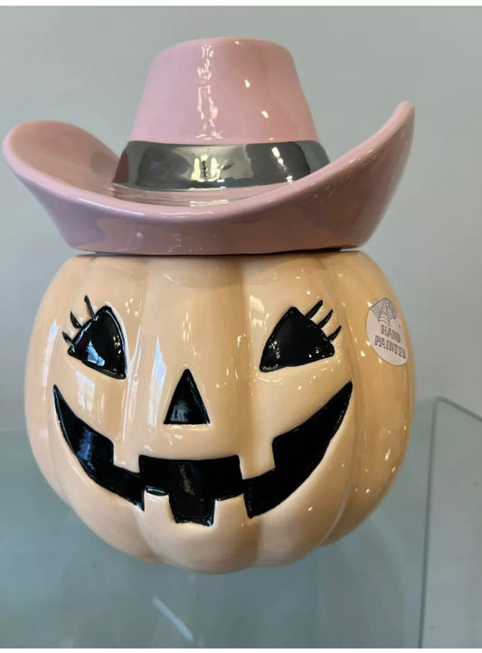 Cobwebs & Cauldrons Halloween Pumpkin Pink Cowgirl Hat Cookie Jar Canister NEW