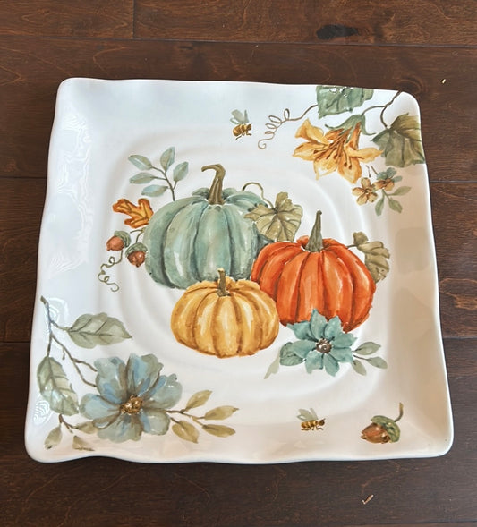 Set Of 6 Pumpkin Fall Leaves Dinner  Plates Ceramic Square 10 3/4”