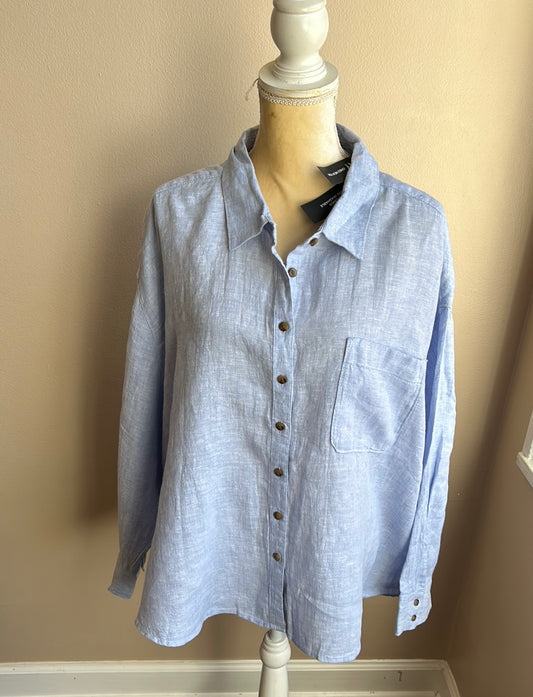 Jones New York Women Plus 3X Linen Shirt Top Long Sleeve Nwt Blue