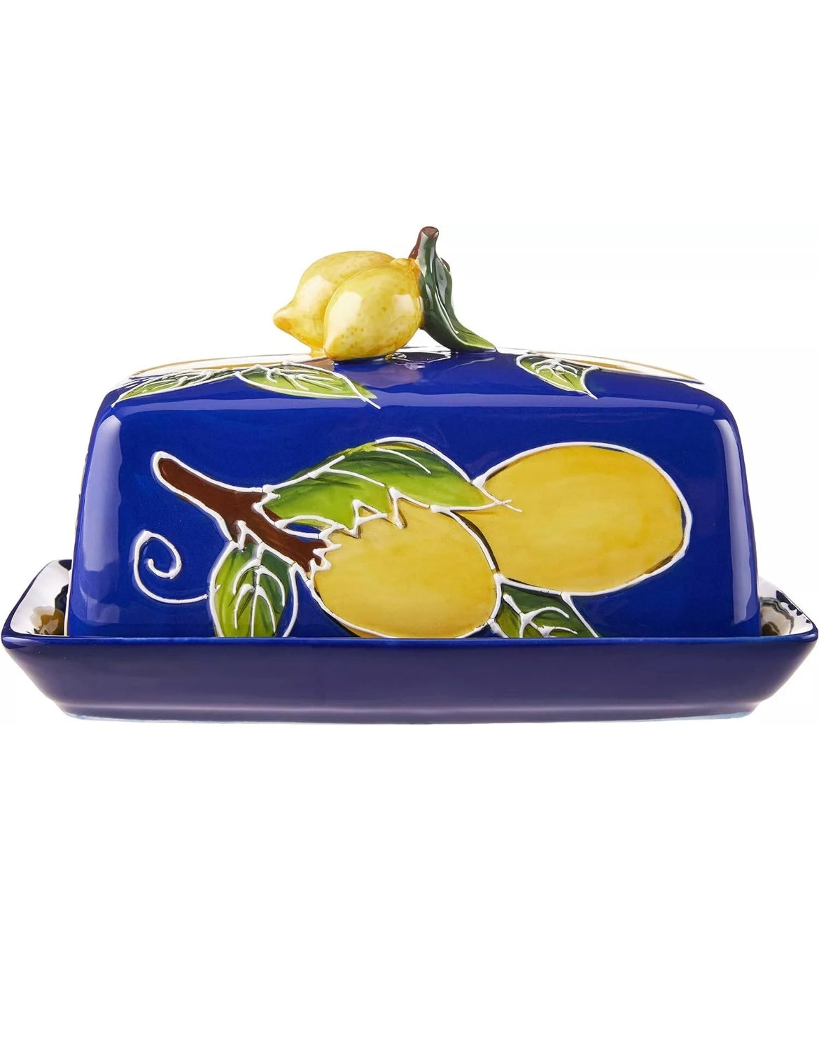 New Blue Sky Clayworks Heather Goldminc Covered Ceramic Butter Dish Lemon Blue