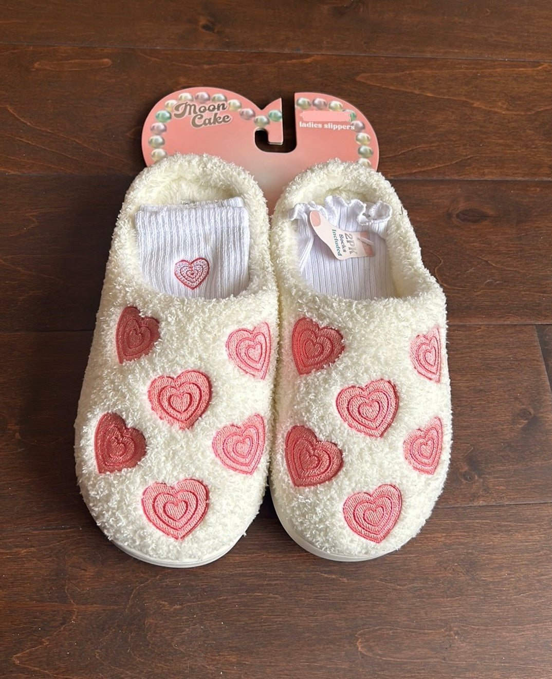 Moodpop Womens Faux Sherpa Memory Foam Slippers Hearts New Sz M 7/8 Socks