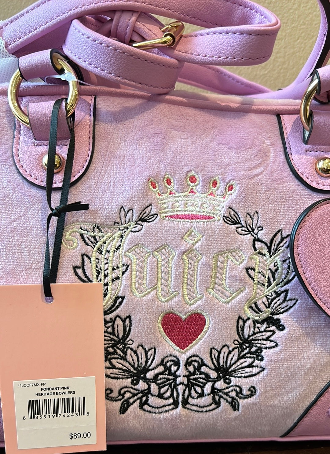 Juicy Couture Fondant Pink Heritage Bowlers Crossbody Bag New Heart Velvet