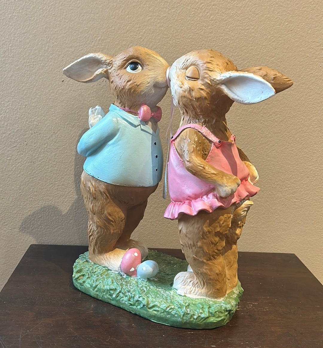 Cute Bunny Couple Kissing Easter Figurine New Holding Flowers 12”