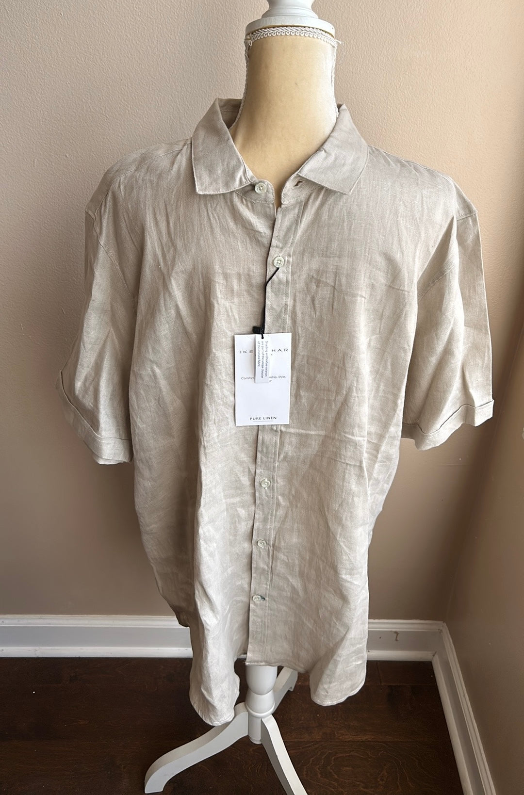 Ike Behar Men’s Sandstone Beige Pure Linen Camp Shirt Sz XL New short Sleeve