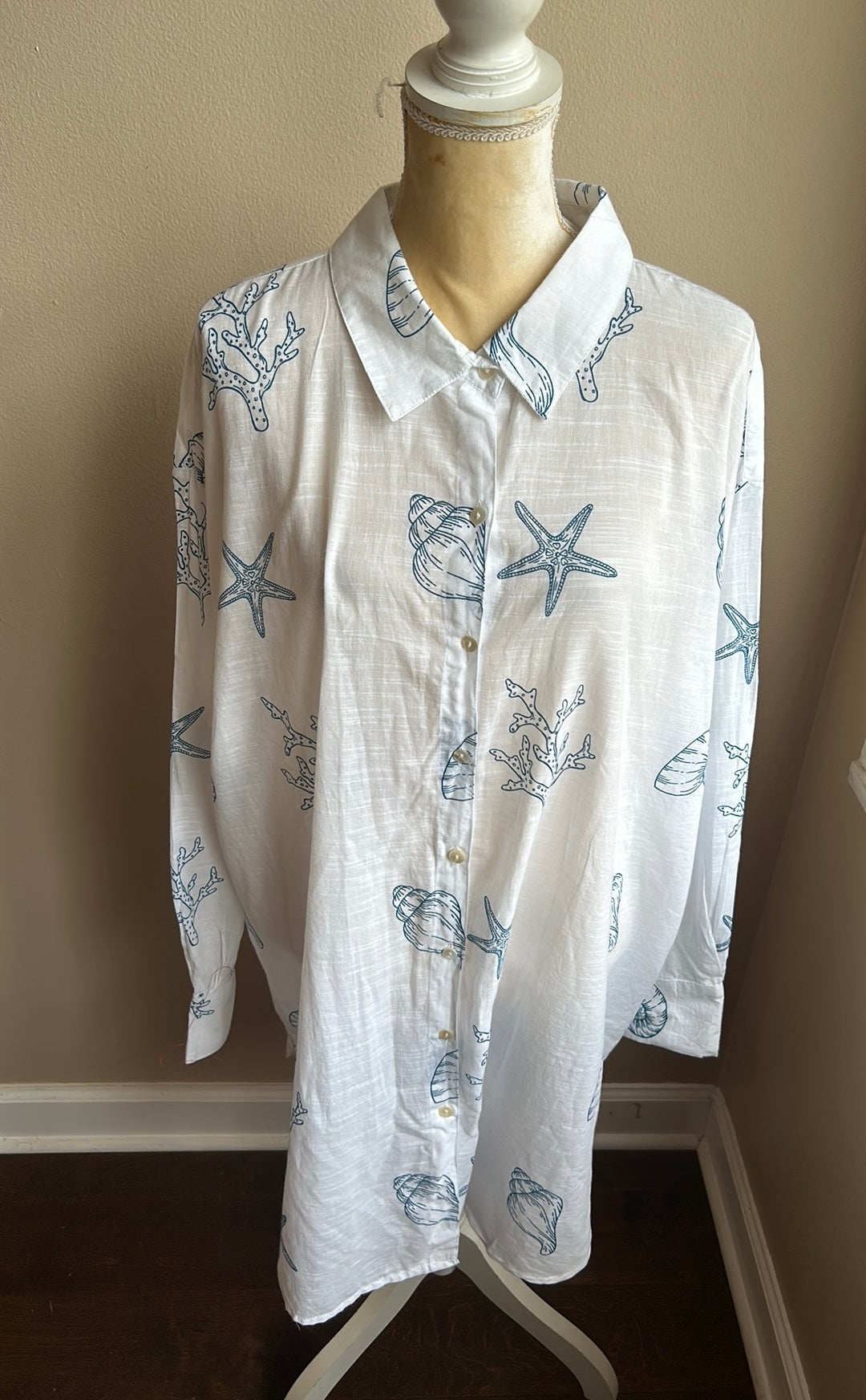 Blue Island Womens Coverup White Blue Tunic Style Plus sz 2X Starfish SeaShell