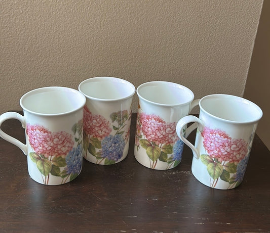 Stechol Set Of 4 Coffee Tea Cups Mugs New Floral Hydrangeas
