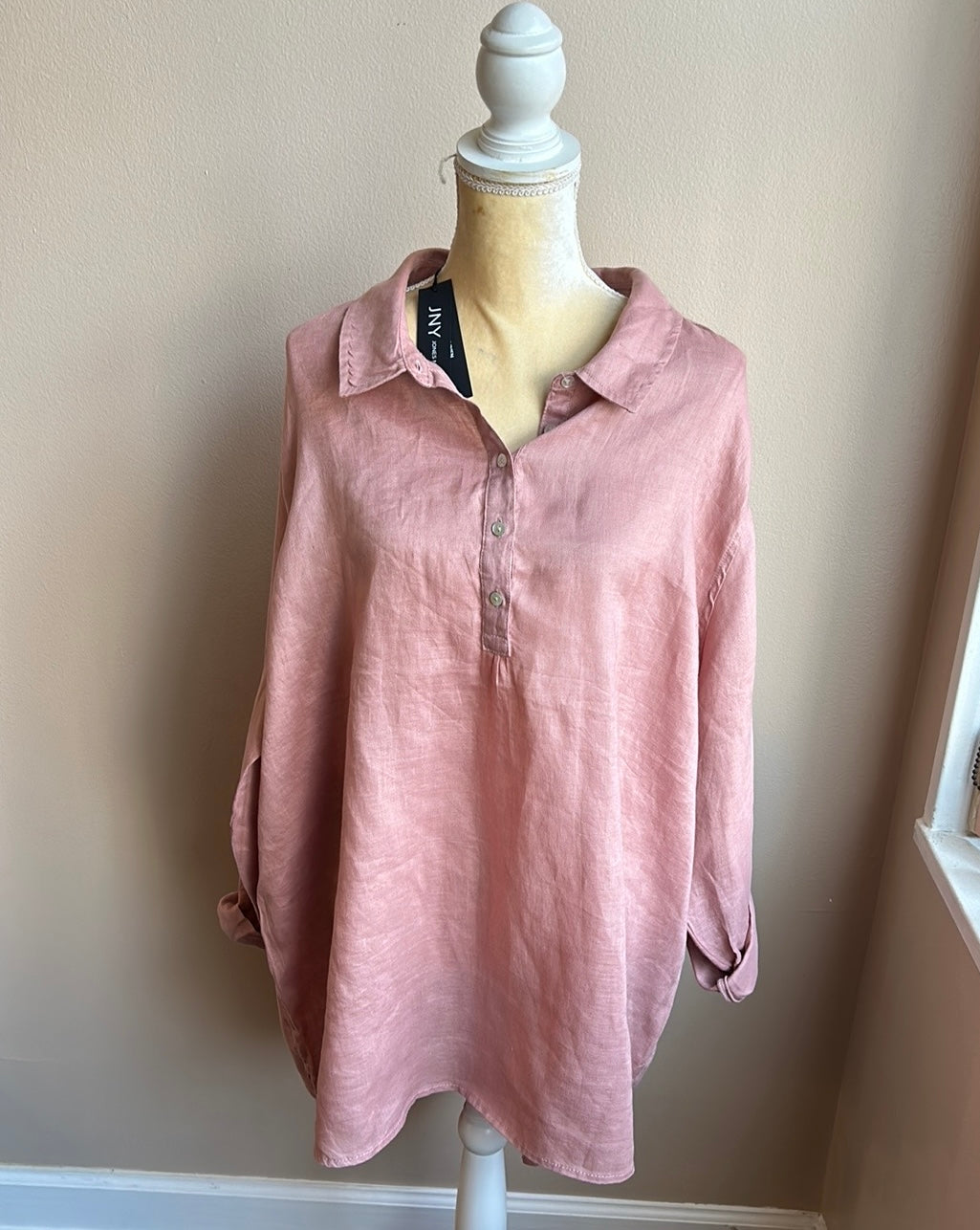 Jones New York Women Plus 3X Linen Blouse Top Rolled Cuff Sleeve Nwt Dusty Rose