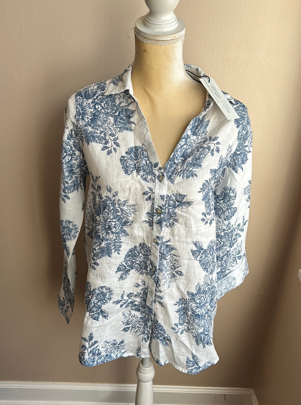 Rachel Zoe Womens Linen Shirt Blouse New Blue White Floral