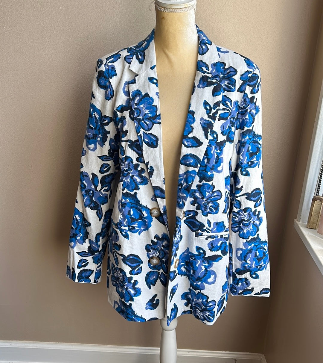 H Halston Womens Blue White Linen Blend Blazer Front Open Floral Sz XL New