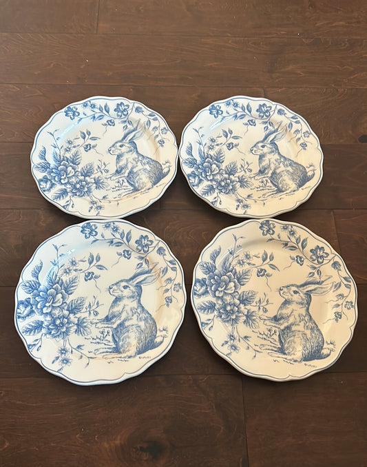 Set Of 4 Easter Bunny Scalloped Ceramic Salad Plates New Blue Floral