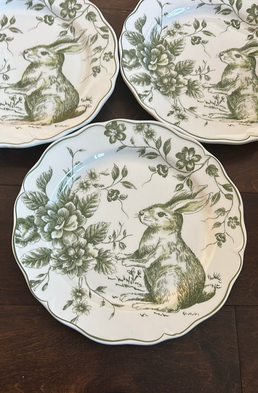 Set Of 3 Easter Bunny Scalloped Ceramic Salad Plates New Green Floral