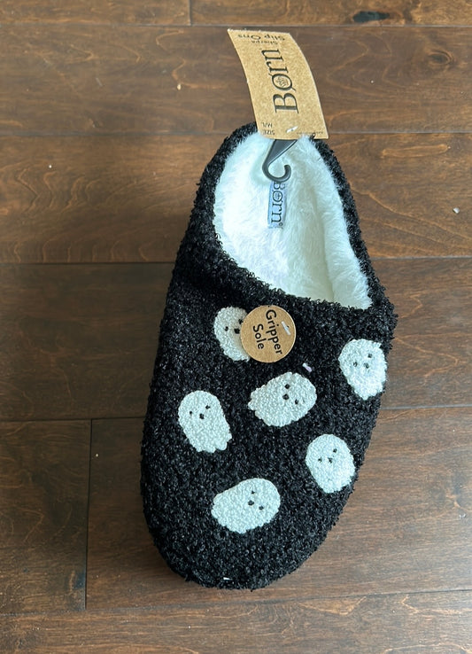 Born Womens Slippers Faux Sherpa Fur Slip On Fall Halloween Ghost Black