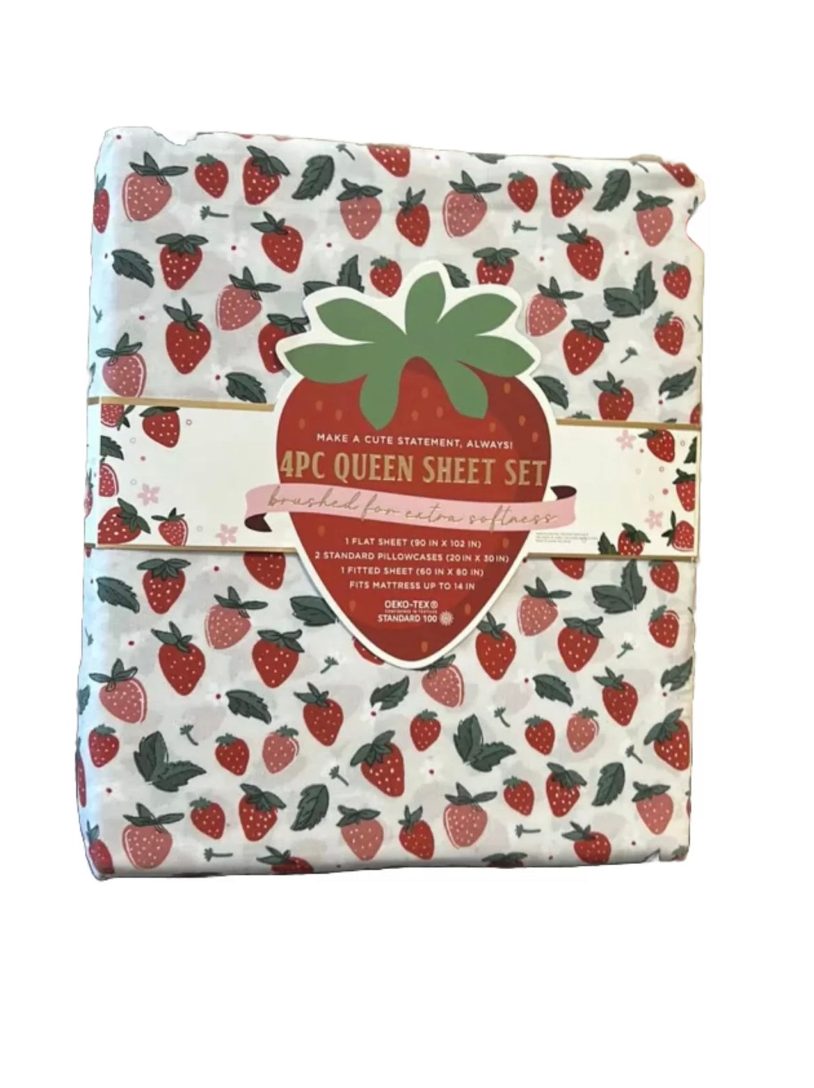 New Pink Red Strawberry Print Queen Sheet Set New