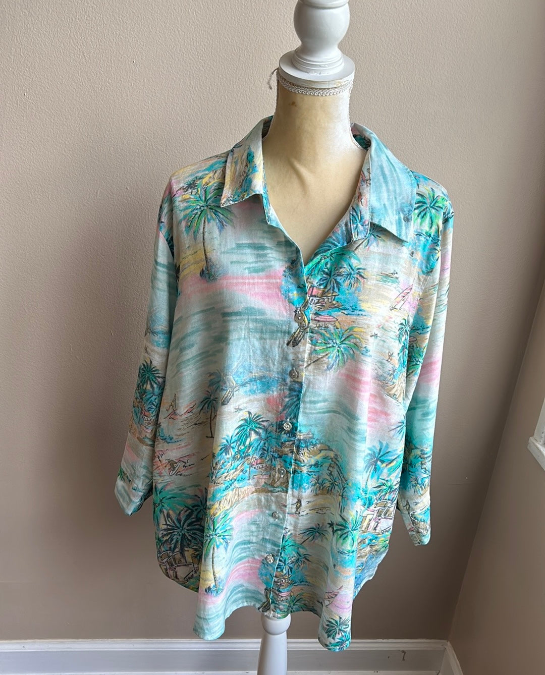 C&C California Womens Plus Size Tropical Shirt Linen Blend Palm Trees New