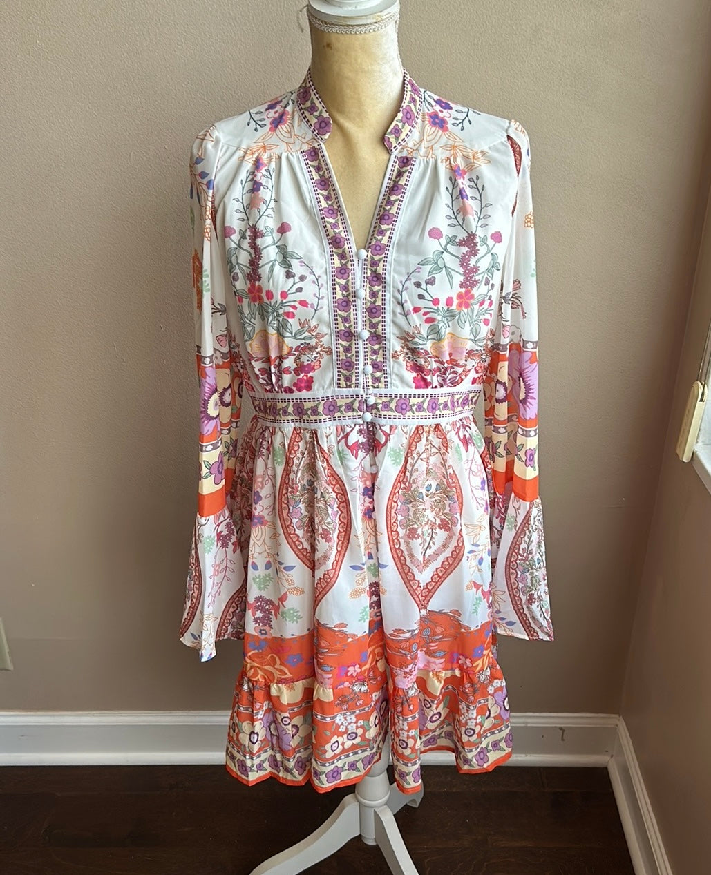 Dalia Macphee Women’s Floral Border Print Dress New Sz L Bell Sleeve