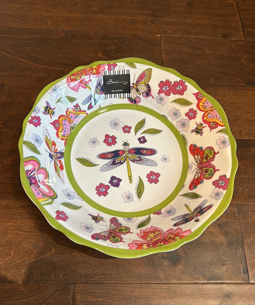 Baci Melamine Salad Pasta Serving Bowl 13” New Floral Butterflies Scalloped