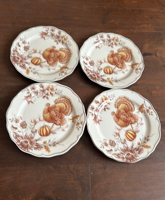 SET OF 4 THANKSGIVING FALL TURKEY PUMPKIN TOILE Salad PLATES NEW Scalloped 9”