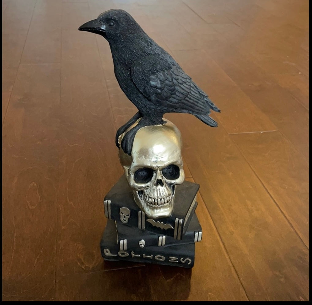 Halloween Black Crow On Skull Head Spell Book 14” Tall