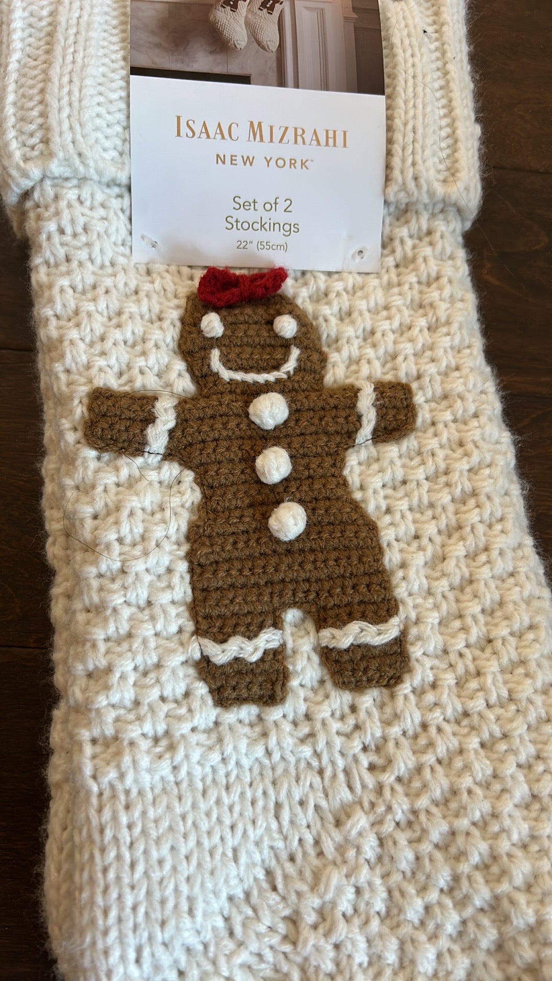 Isaac Mizrahi Set of 2 Gingerbread Boy & Girl Crochet Knit Christmas Stockings