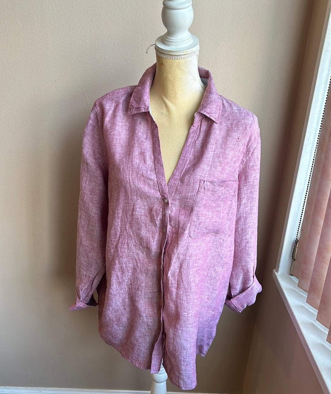 Sigrid Olsen Womens Sz L Linen Shirt Tunic Top New Pink Roll Tab Sleeve