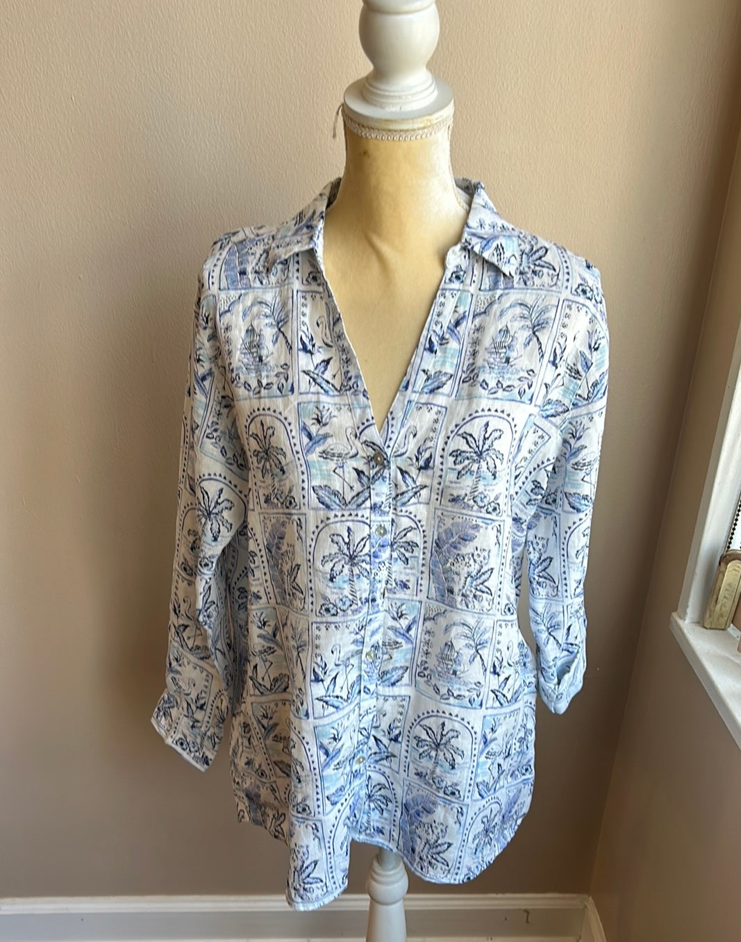 C & C California Womens Linen Shirt Palm Trees Flamingo NWT sz M Blue White