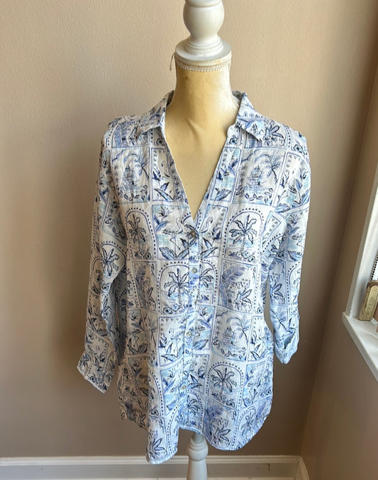 C & C California Womens Linen Shirt Palm Trees Flamingo NWT sz M Blue White