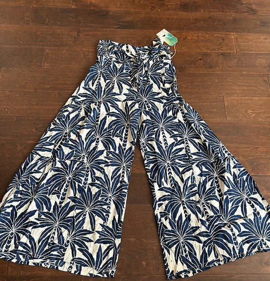 True Destinations Flare Pants Beach Coverup sz M New Tropical Palm Trees Blue