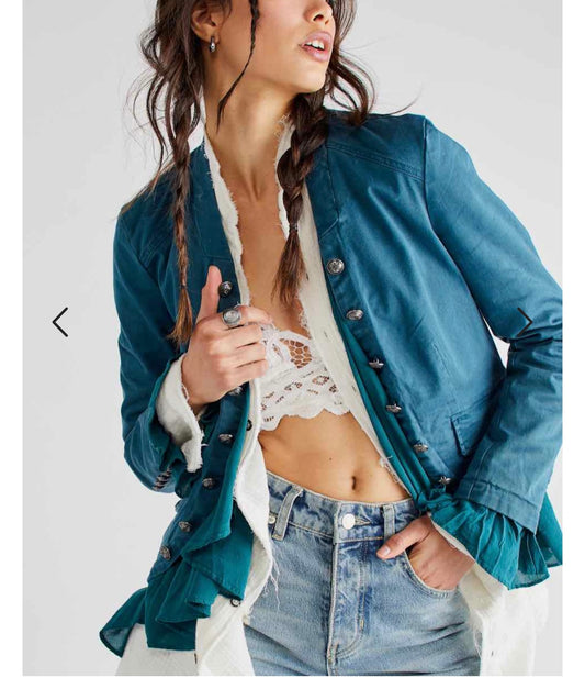 Free People Ruffles Romance Jacket Teal Jewel Women's Size XS New With Tags