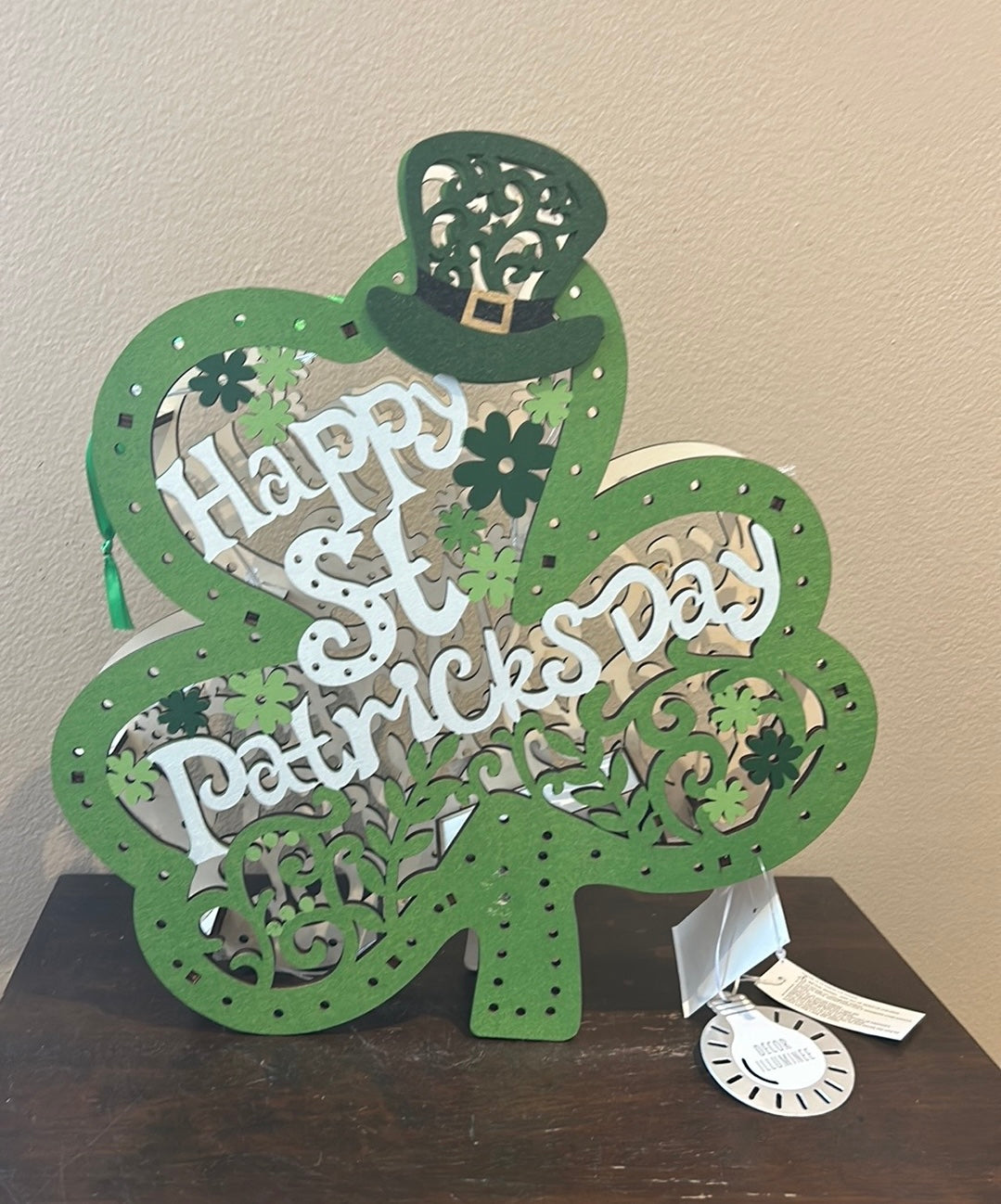 New St Patrick’s Day Wood Clover Light Up Green 3D 14” Tall