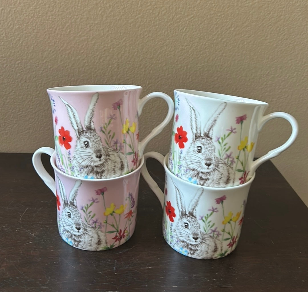 Stechcol Set Of 4 Bone Chine Easter Bunny Floral Cups Mugs New