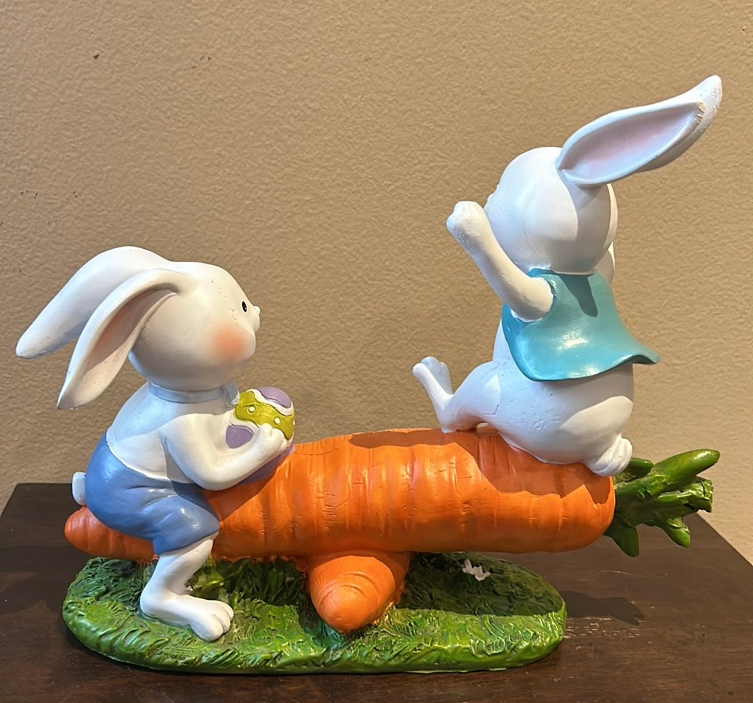 Cute Easter Baby Bunny Playing On A Carrot New 10.5” Tall