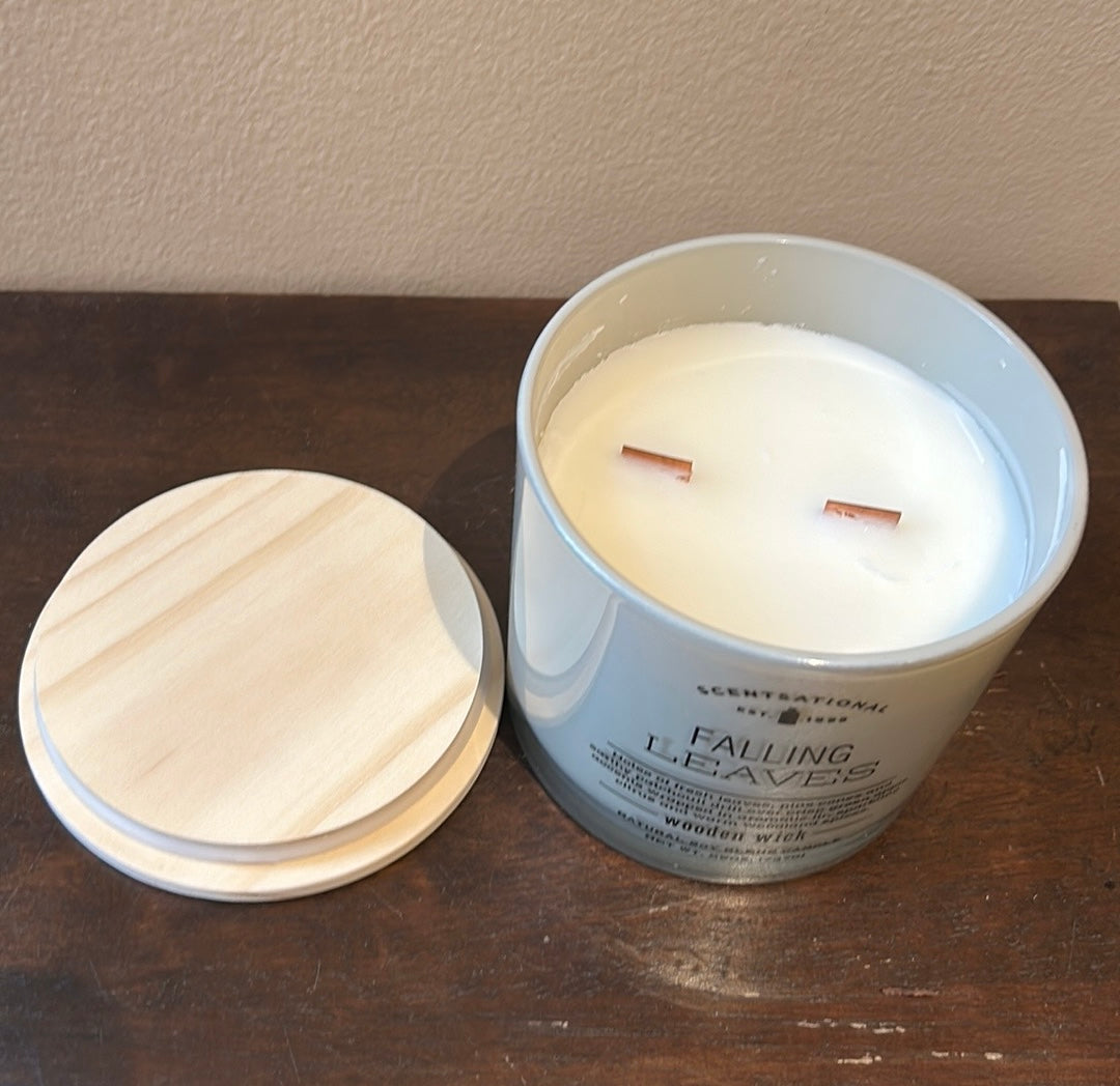 Scentsational Candle Falling Leaves Glass Jar 26oz soy Wax Wood Wick