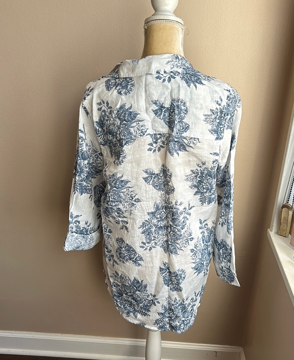 Rachel Zoe Womens Linen Shirt Blouse New Blue White Floral