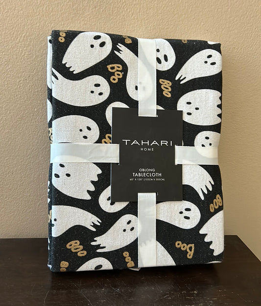 Tahari Halloween Tablecloth Shimmery Ghosts Boo 60”x120” New Black Off White