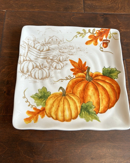 New Pumpkin Harvest Fall Leaves Set Of  4 Salad Plates Ceramic Square Acorn