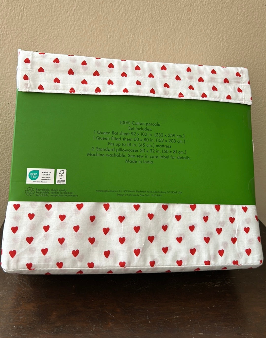 Kate Spade QUEEN Sheet Set Cotton Percale RED Hearts on White Sheets NWT