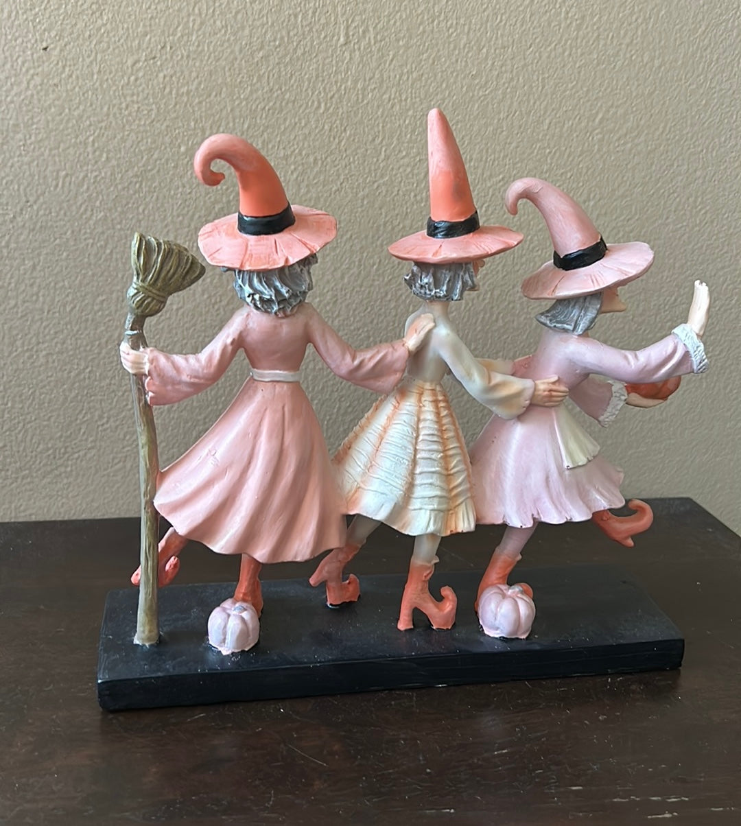 Set of 3 Witches With Witch Hats Broom Halloween Decor Figurine Pink