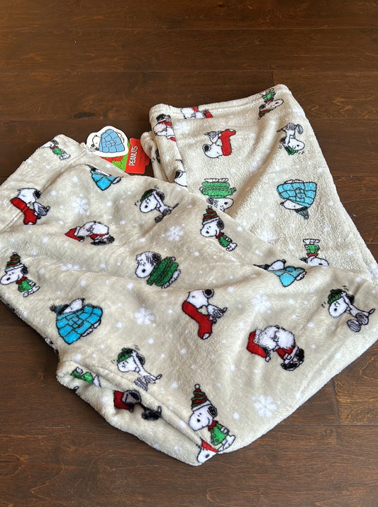 Peanuts womens Christmas Santa Snoopy Plush Pajama Pants New Snowflakes