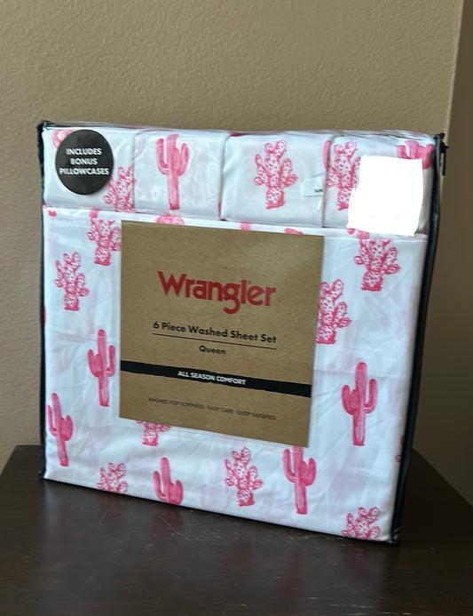 Wrangler 6 Pc Washed Sheet Set Queen  Cactus Hot Pink  New Desert Themed
