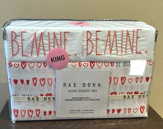 RAE DUNN 4 PC BE MINE RED HEARTS SHEET SET KING New Valentines