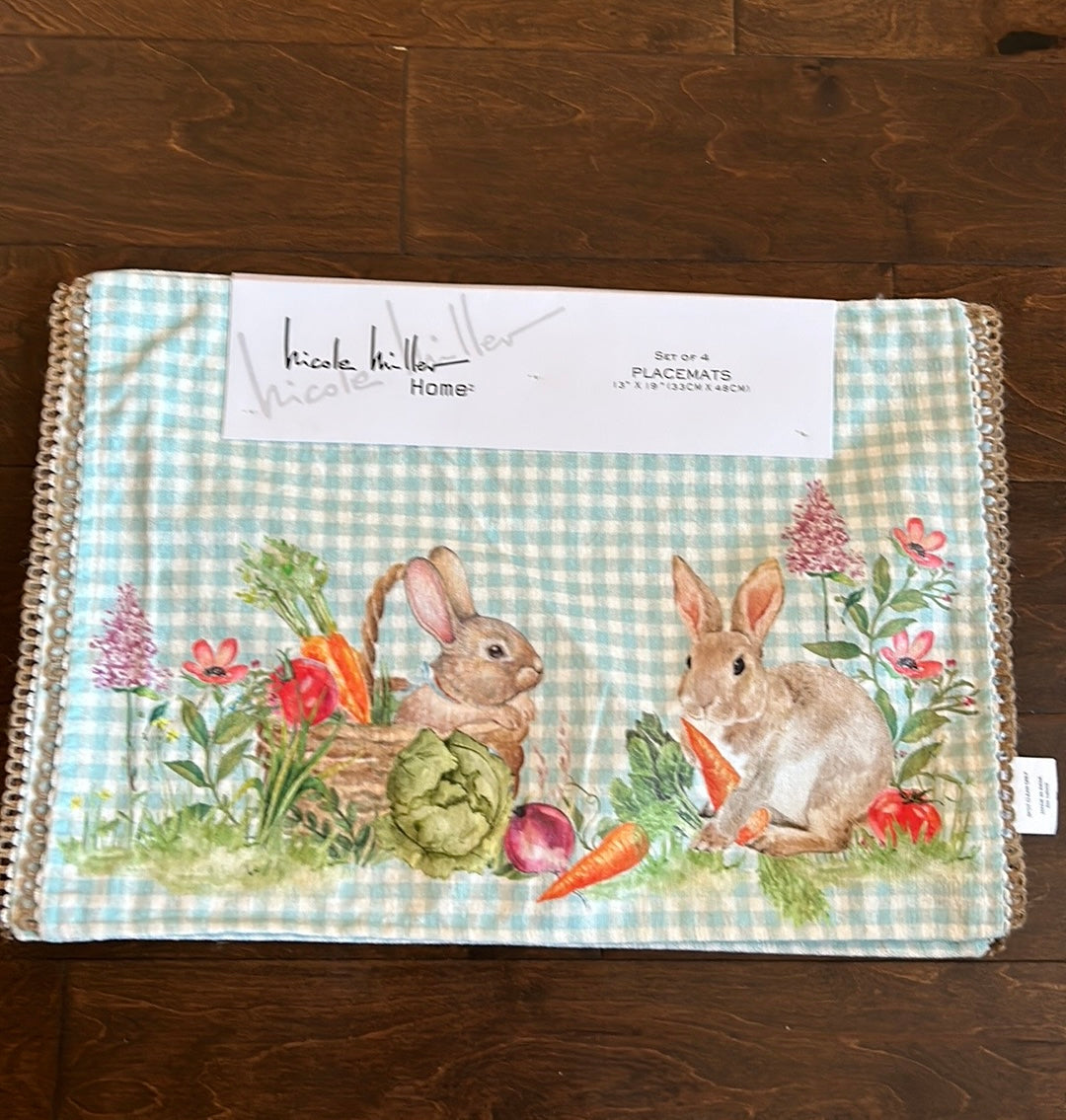 Nicole Miller Spring Garden Easter Bunny Floral Placemats Set Of 4 Plaid