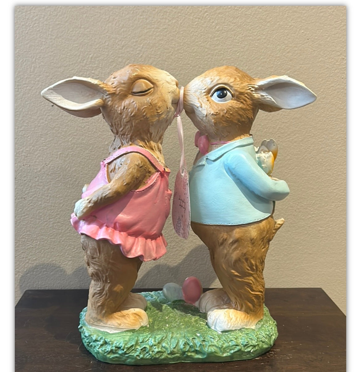 Cute Bunny Couple Kissing Easter Figurine New Holding Flowers 12”