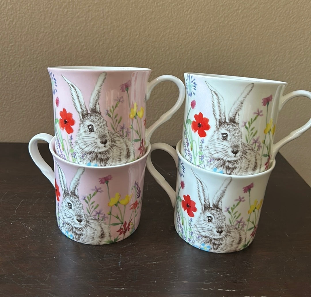 Stechcol Set Of 4 Bone Chine Easter Bunny Floral Cups Mugs New