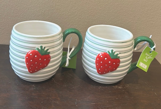 Lang Set Of 2 Mugs Strawberry New Red Green Stripes Hand Painted