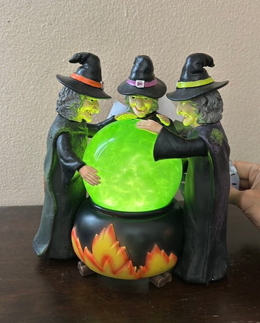 Halloween Witch Trio LIGHT UP Cauldron Swirling Green Brew Snow Globe Figurine