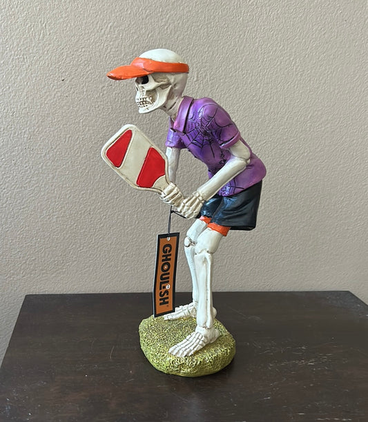 New Skeleton Playing Pickleball Halloween Figurine Decor 10 3/4”