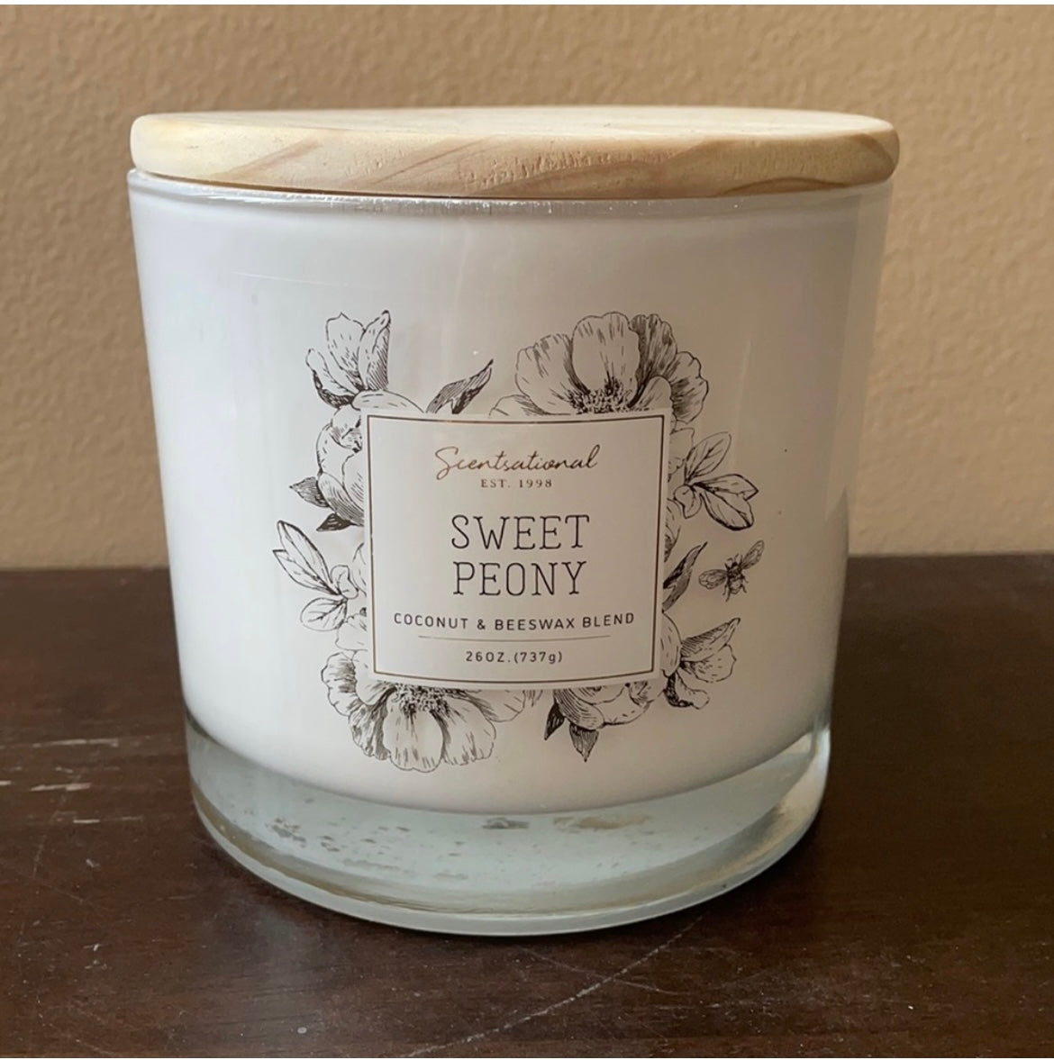 Scentsational Sweet Peony 3 Wick Candle 26 Oz Glass Jar Coconut Beeswax Blend